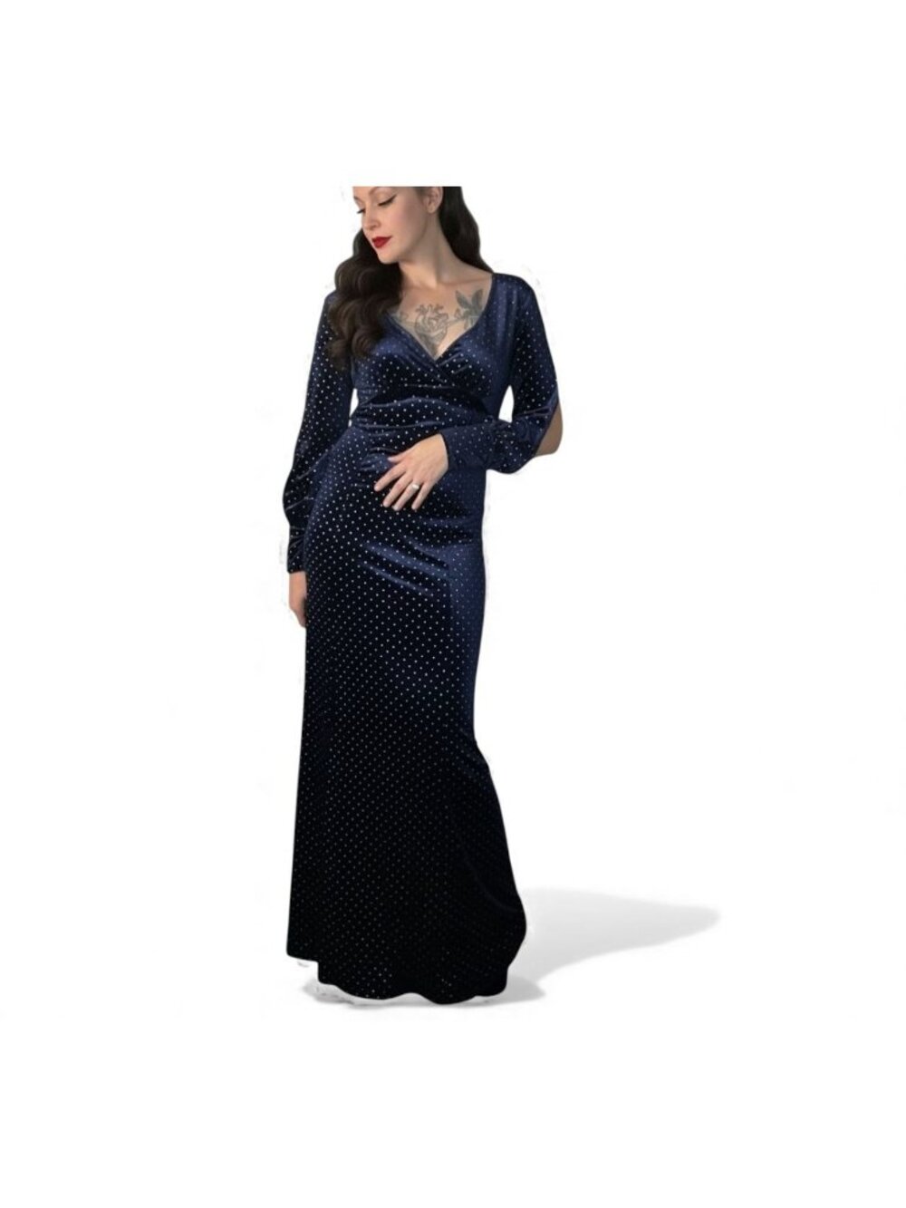 Unique Vintage Sharon Blue Velvet Silver Studded Maxi Dress Split Sleeve M 6-8